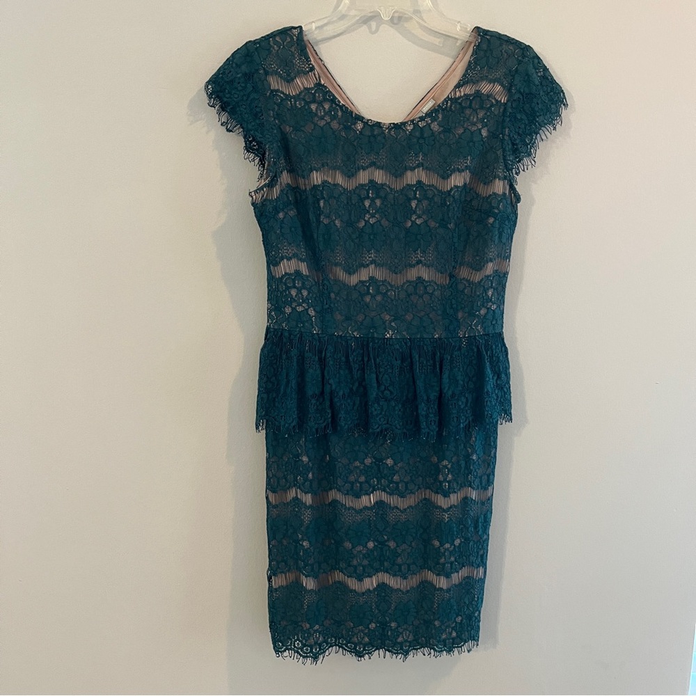 Maeve emerald lace peplum pencil dress semi formal bridesmaid wedding gust Med